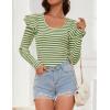 imageZESICA Womens Ruffle Long Sleeve Scoop Neck Shirt Striped Slim Fitted Casual Basic Tee Tops Trendy Spring ClothesGreen