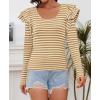 imageZESICA Womens Ruffle Long Sleeve Scoop Neck Shirt Striped Slim Fitted Casual Basic Tee Tops Trendy Spring ClothesKhaki