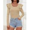 imageZESICA Womens Ruffle Long Sleeve Scoop Neck Shirt Striped Slim Fitted Casual Basic Tee Tops Trendy Spring ClothesKhaki
