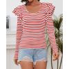 imageZESICA Womens Ruffle Long Sleeve Scoop Neck Shirt Striped Slim Fitted Casual Basic Tee Tops Trendy Spring ClothesRed