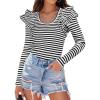 imageZESICA Womens Ruffle Long Sleeve Scoop Neck Shirt Striped Slim Fitted Casual Basic Tee Tops Trendy Spring ClothesBlack