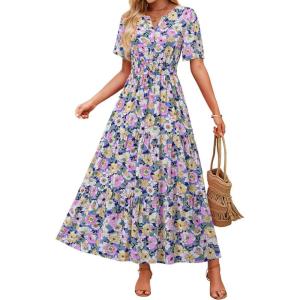imageZESICA Womens 2025 Summer Casual Floral Print Short Sleeve V Neck High Waist A Line Tiered Flowy Boho Maxi DressPurple
