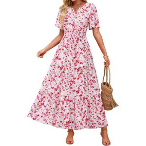 imageZESICA Womens 2025 Summer Casual Floral Print Short Sleeve V Neck High Waist A Line Tiered Flowy Boho Maxi DressRose