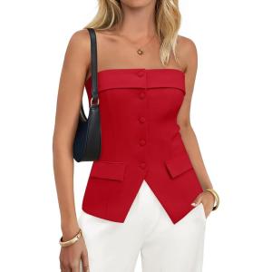 imageZESICA Womens 2025 Trendy Strapless Blazer Vests Summer Dressy Tube Vest Tops Elegant ClothesRed