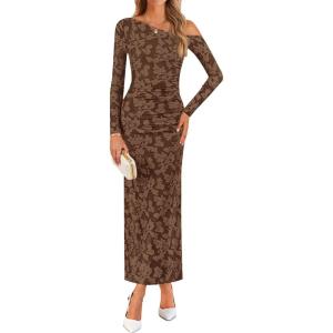 imageZESICA Womens Fall Floral Off Shoulder Bodycon Maxi Dresses 2025 Long Sleeve Ruched Elegant Cocktail Party DressBrown