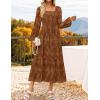 imageZESICA Womens 2025 Fall Floral Midi Dress Long Sleeve Square Neck Flowy Long Beach Vacation DressesBrown
