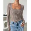 imageZESICA Womens Long Sleeve Crop Tops Square Neck Slim Fitted Shirts Casual Basic Tees 2025 Fall Trendy ClothesKhaki