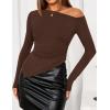 imageZESICA Womens Off The Shoulder Tops 2025 Long Sleeve Y2K Asymmetrical Ruched Fitted Shirts Fall Trendy Going Out TopCoffee
