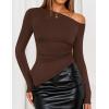 imageZESICA Womens Off The Shoulder Tops 2025 Long Sleeve Y2K Asymmetrical Ruched Fitted Shirts Fall Trendy Going Out TopCoffee