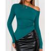 imageZESICA Womens Off The Shoulder Tops 2025 Long Sleeve Y2K Asymmetrical Ruched Fitted Shirts Fall Trendy Going Out TopTeal