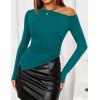 imageZESICA Womens Off The Shoulder Tops 2025 Long Sleeve Y2K Asymmetrical Ruched Fitted Shirts Fall Trendy Going Out TopTeal