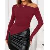 imageZESICA Womens Off The Shoulder Tops 2025 Long Sleeve Y2K Asymmetrical Ruched Fitted Shirts Fall Trendy Going Out TopWine