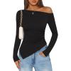 imageZESICA Womens Off The Shoulder Tops 2025 Long Sleeve Y2K Asymmetrical Ruched Fitted Shirts Fall Trendy Going Out TopBlack