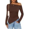 imageZESICA Womens Off The Shoulder Tops 2025 Long Sleeve Y2K Asymmetrical Ruched Fitted Shirts Fall Trendy Going Out TopCoffee