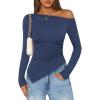 imageZESICA Womens Off The Shoulder Tops 2025 Long Sleeve Y2K Asymmetrical Ruched Fitted Shirts Fall Trendy Going Out TopNavy