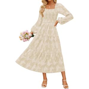 imageZESICA Womens 2025 Fall Floral Midi Dress Long Sleeve Square Neck Flowy Long Beach Vacation DressesApricot