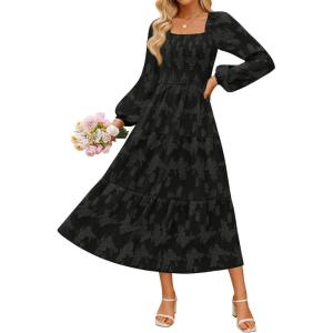 imageZESICA Womens 2025 Fall Floral Midi Dress Long Sleeve Square Neck Flowy Long Beach Vacation DressesBlack