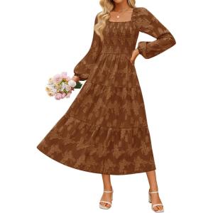 imageZESICA Womens 2025 Fall Floral Midi Dress Long Sleeve Square Neck Flowy Long Beach Vacation DressesBrown