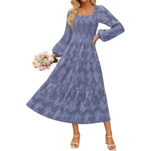 imageZESICA Womens 2025 Fall Floral Midi Dress Long Sleeve Square Neck Flowy Long Beach Vacation DressesDustyblue
