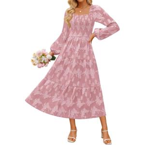 imageZESICA Womens 2025 Fall Floral Midi Dress Long Sleeve Square Neck Flowy Long Beach Vacation DressesPink