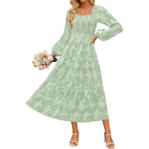 imageZESICA Womens 2025 Fall Floral Midi Dress Long Sleeve Square Neck Flowy Long Beach Vacation DressesSage