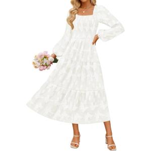 imageZESICA Womens 2025 Fall Floral Midi Dress Long Sleeve Square Neck Flowy Long Beach Vacation DressesWhite
