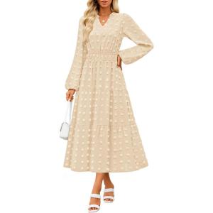 imageZESICA Womens Boho Maxi Dresses 2025 Fall V Neck Long Sleeve Swiss Dot Tiered Flowy Swing DressApricot