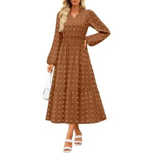 imageZESICA Womens Boho Maxi Dresses 2025 Fall V Neck Long Sleeve Swiss Dot Tiered Flowy Swing DressBlack
