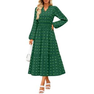 imageZESICA Womens Boho Maxi Dresses 2025 Fall V Neck Long Sleeve Swiss Dot Tiered Flowy Swing DressCaramel