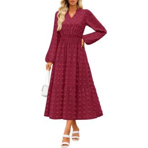 imageZESICA Womens Boho Maxi Dresses 2025 Fall V Neck Long Sleeve Swiss Dot Tiered Flowy Swing DressDark Green