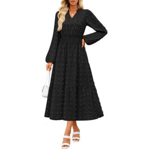 imageZESICA Womens Boho Maxi Dresses 2025 Fall V Neck Long Sleeve Swiss Dot Tiered Flowy Swing DressDusty Blue