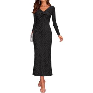 imageZESICA Womens Fall Floral Long Sleeve Bodycon Dress 2025 Boho V Neck Cocktail Party Long Midi DressesBlack