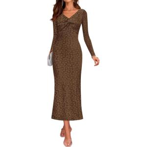 imageZESICA Womens Fall Floral Long Sleeve Bodycon Dress 2025 Boho V Neck Cocktail Party Long Midi DressesBrown