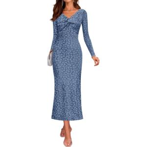 imageZESICA Womens Fall Floral Long Sleeve Bodycon Dress 2025 Boho V Neck Cocktail Party Long Midi DressesDustyblue