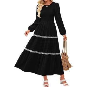 imageZESICA Womens Fall Long Sleeve Maxi Dresses 2025 Casual Crewneck Smocked A Line Tiered Flowy Wedding Guest Long DressBlack