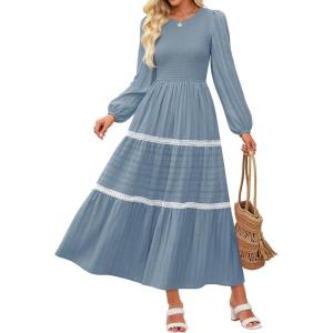 imageZESICA Womens Fall Long Sleeve Maxi Dresses 2025 Casual Crewneck Smocked A Line Tiered Flowy Wedding Guest Long DressDusty Blue