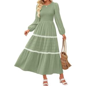 imageZESICA Womens Fall Long Sleeve Maxi Dresses 2025 Casual Crewneck Smocked A Line Tiered Flowy Wedding Guest Long DressPea Green