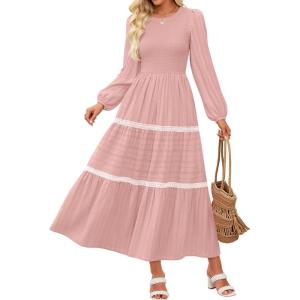 imageZESICA Womens Fall Long Sleeve Maxi Dresses 2025 Casual Crewneck Smocked A Line Tiered Flowy Wedding Guest Long DressPink