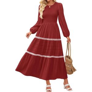 imageZESICA Womens Fall Long Sleeve Maxi Dresses 2025 Casual Crewneck Smocked A Line Tiered Flowy Wedding Guest Long DressRed