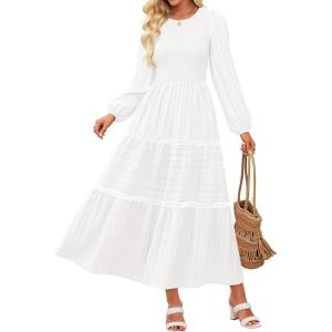 imageZESICA Womens Fall Long Sleeve Maxi Dresses 2025 Casual Crewneck Smocked A Line Tiered Flowy Wedding Guest Long DressWhite