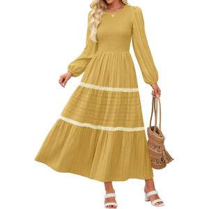 imageZESICA Womens Fall Long Sleeve Maxi Dresses 2025 Casual Crewneck Smocked A Line Tiered Flowy Wedding Guest Long DressYellow