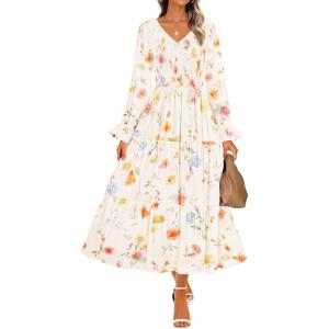 imageZESICA Womens Floral Boho Maxi Dress 2025 Fall Casual Long Sleeve V Neck ALine Flowy Wedding Guest DressesApricot