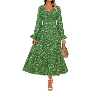 imageZESICA Womens Floral Boho Maxi Dress 2025 Fall Casual Long Sleeve V Neck ALine Flowy Wedding Guest DressesGreen