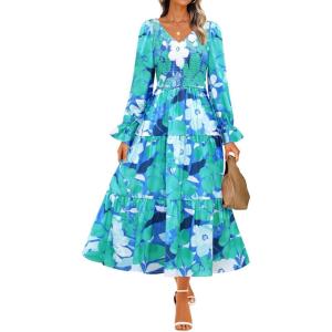 imageZESICA Womens Floral Boho Maxi Dress 2025 Fall Casual Long Sleeve V Neck ALine Flowy Wedding Guest DressesLake Blue