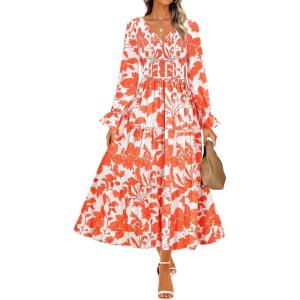imageZESICA Womens Floral Boho Maxi Dress 2025 Fall Casual Long Sleeve V Neck ALine Flowy Wedding Guest DressesOrange