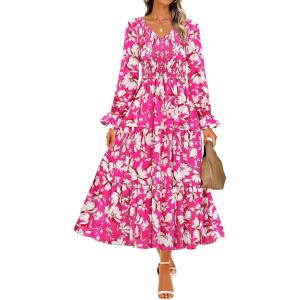 imageZESICA Womens Floral Boho Maxi Dress 2025 Fall Casual Long Sleeve V Neck ALine Flowy Wedding Guest DressesRose