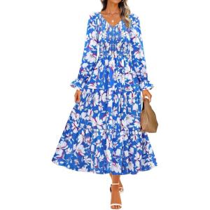 imageZESICA Womens Floral Boho Maxi Dress 2025 Fall Casual Long Sleeve V Neck ALine Flowy Wedding Guest DressesRoyal Blue