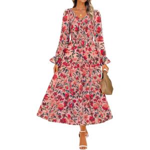 imageZESICA Womens Floral Boho Maxi Dress 2025 Fall Casual Long Sleeve V Neck ALine Flowy Wedding Guest DressesVintage Pink