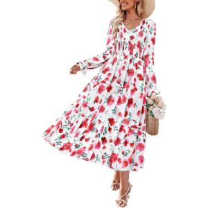 imageZESICA Womens Floral Boho Maxi Dress 2025 Fall Casual Long Sleeve V Neck ALine Flowy Wedding Guest DressesWhite