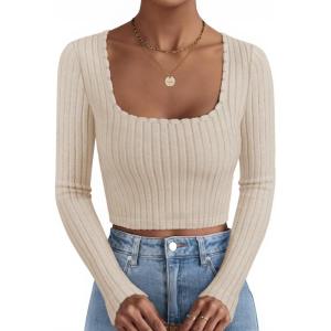 imageZESICA Womens Long Sleeve Crop Tops Square Neck Slim Fitted Shirts Casual Basic Tees 2025 Fall Trendy ClothesBeige